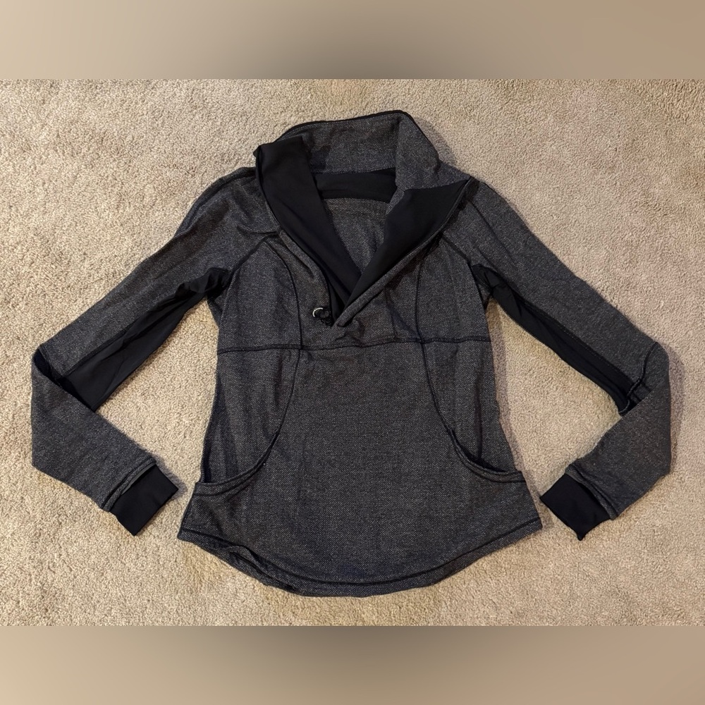 Lululemon Base Runner 1/2 Zip Pullover Jacket Heathered Herringbone Black Sz 10 - Picture 10 of 13